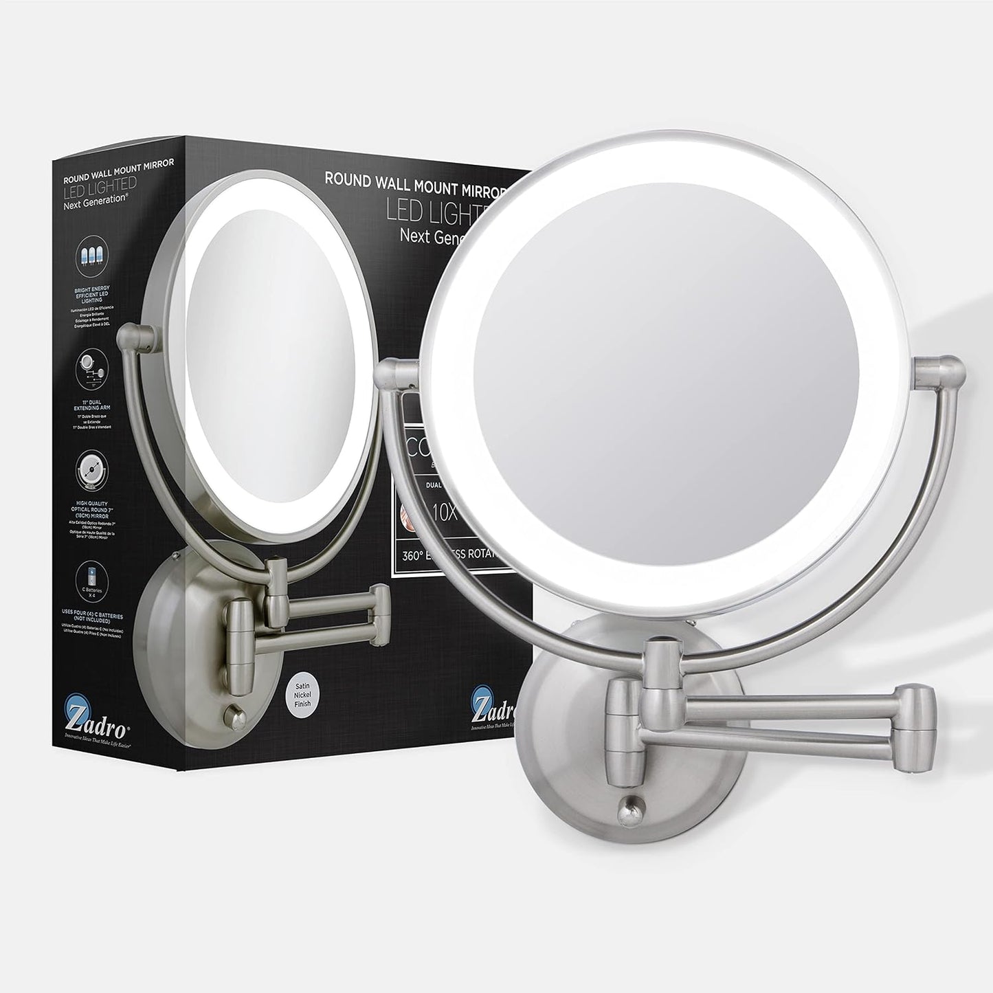 Zadro 11" LED Wall Mounted Makeup Mirror - 5X/1X Shaving Mirror | Cordless Vanity Mirror in Satin Nickel