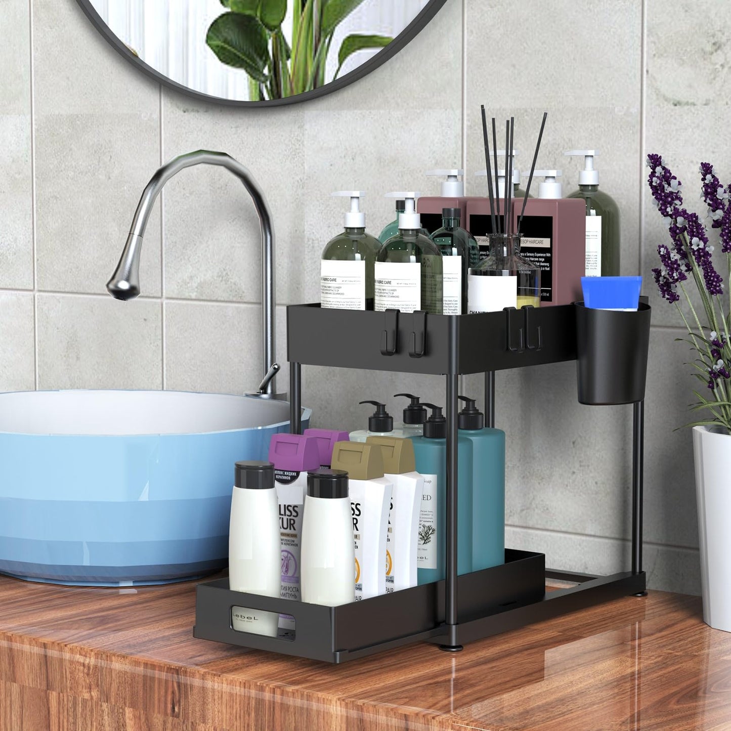 2 Pack Under Sink Organizer with Pull-Out Drawer, 2-Tier Cabinet Storage for Kitchen & Bathroom, Tool-Free Assembly, Fits Cleaning Supplies & Toiletries, Space Saving for Small Cabinets, Black