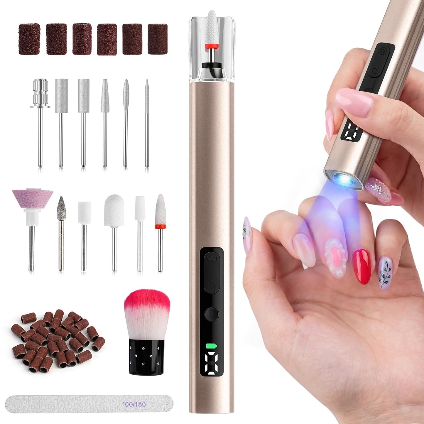 Cordless Electric Nail File Drill - 5 Speed Rechargeable Manicure & Pedicure Kit | UV Light, Portable, for Human & Pet Nails, Grey
