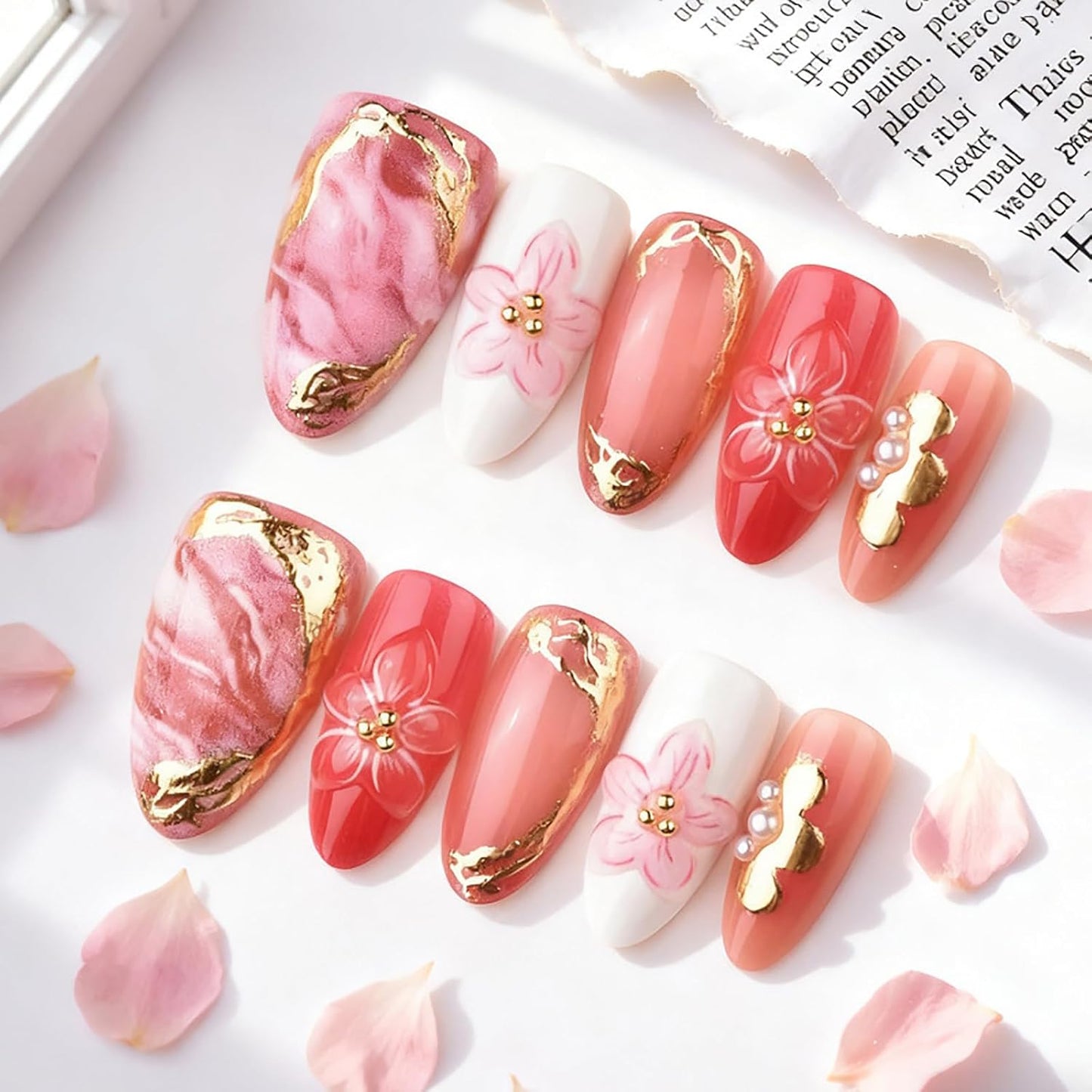30Pcs Pink Flower Press-On Nails - Handmade Almond Acrylic Nails with 3D Floral Design | Spring/Summer Style