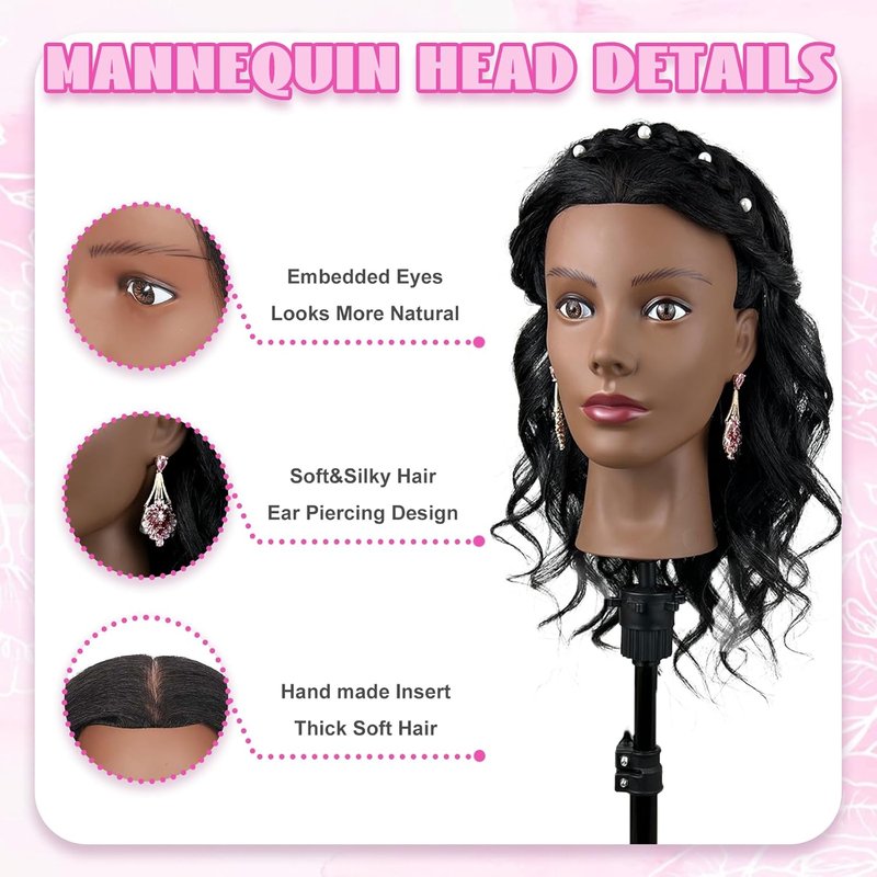 Human Hair Mannequin Head - 100% Real Hair Cosmetology Doll for Hair Styling | 16" Jet Black with Clamp Stand & Tools