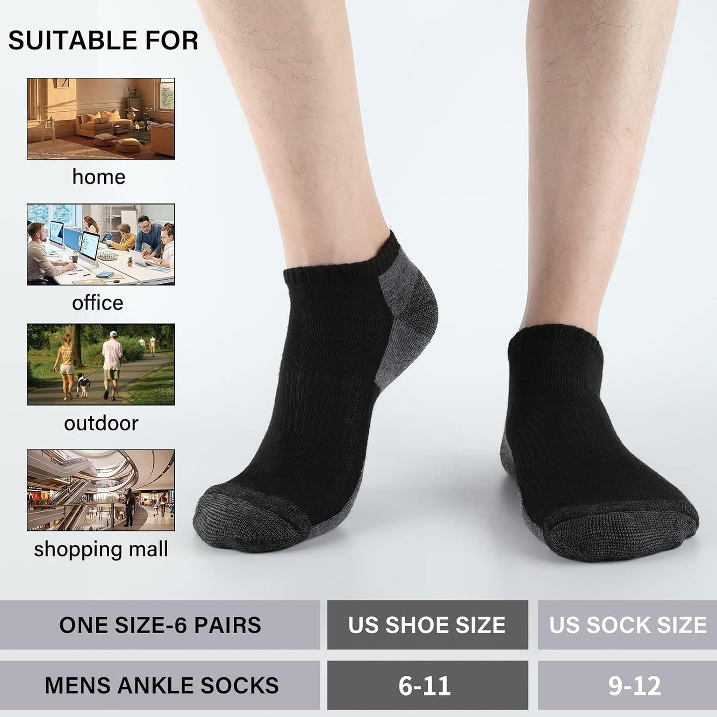 Men's Cushioned Ankle Socks - 12 Pack Low Cut Breathable Casual Socks | Fits Shoe Size 6-11