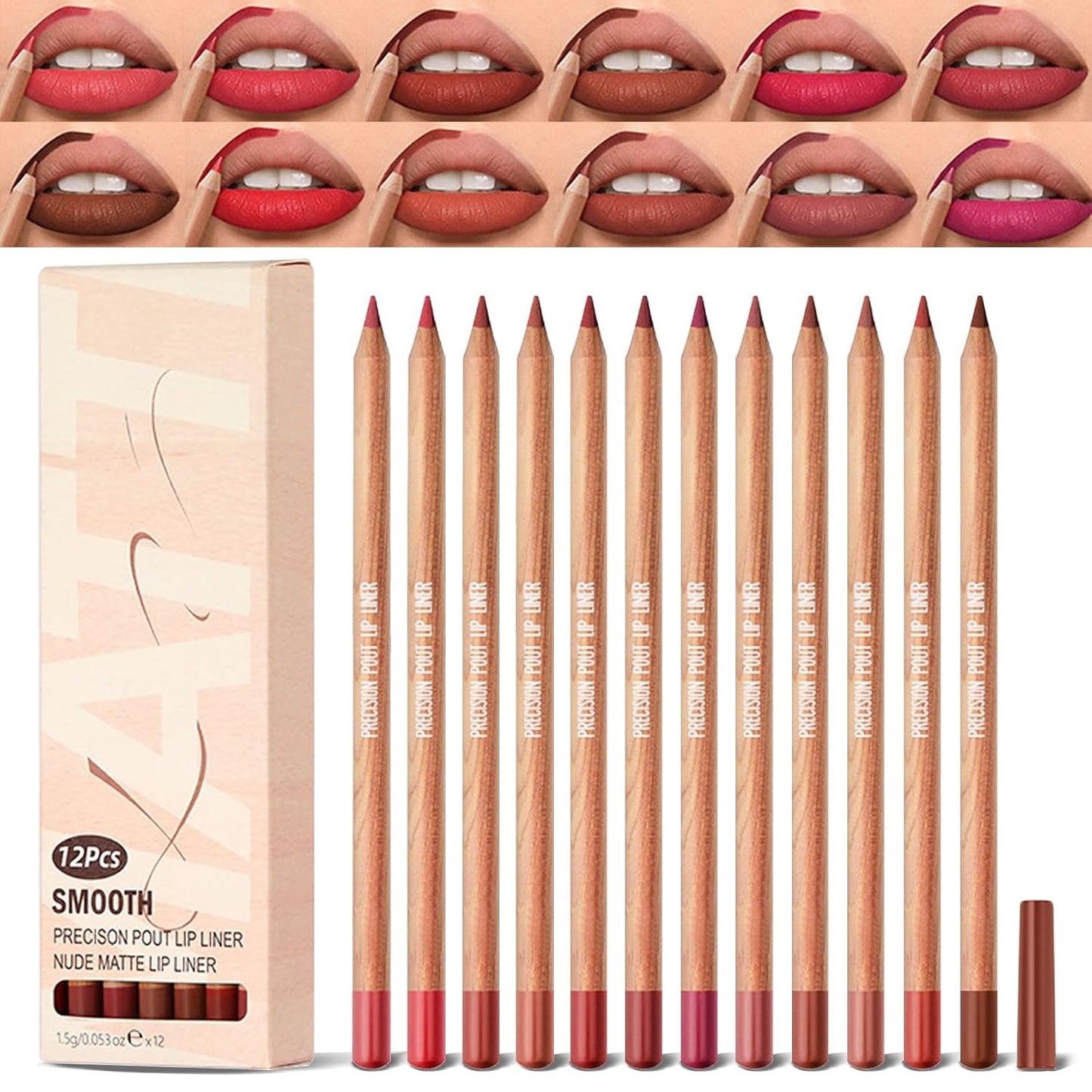Lip Liner Set - 12PCS High Pigmented Smooth Lip Pencils | Long Lasting Matte in Brown, Pink, Red