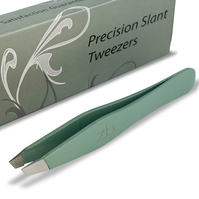 Tweezers – Surgical Grade Stainless Steel - Slant Tip for Expert Eyebrow Shaping and Facial Hair Removal – with Protective Pouch (Sage)