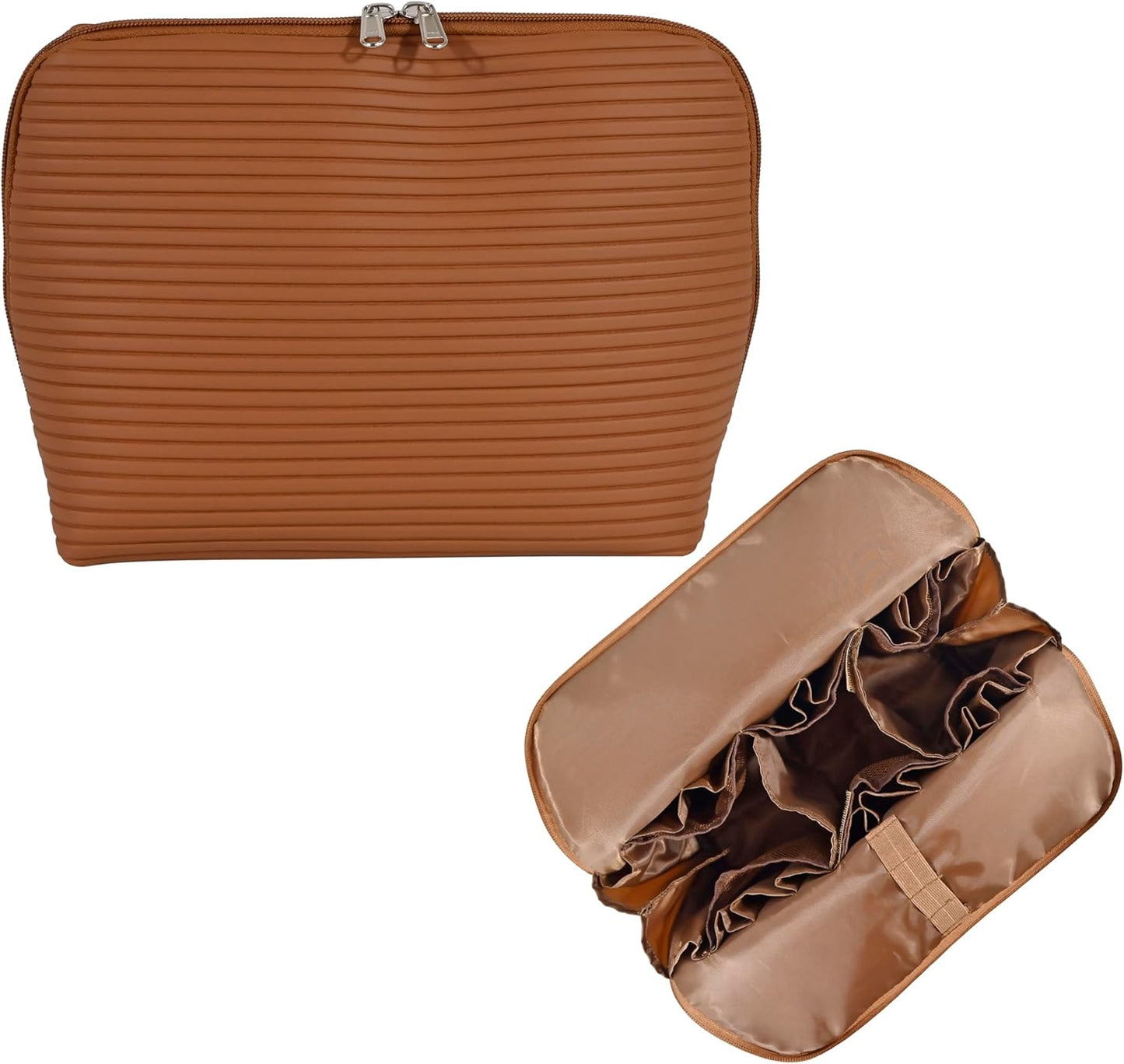 Travel Makeup Bag - Waterproof Stand Up Cosmetic Organizer with Brush Holders | Medium Chestnut, Fold-Down Design for Skincare & Toiletries