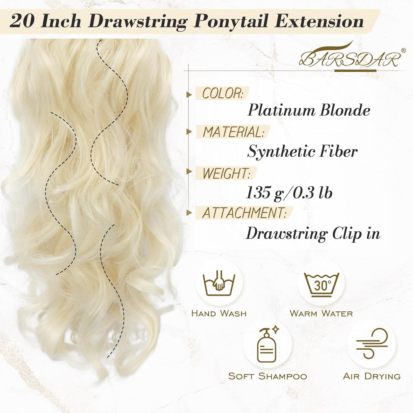 Blonde Ponytail Extension - 20 Inch Curly Wavy Drawstring Hairpiece | Platinum Blonde Synthetic Ponytail for Women