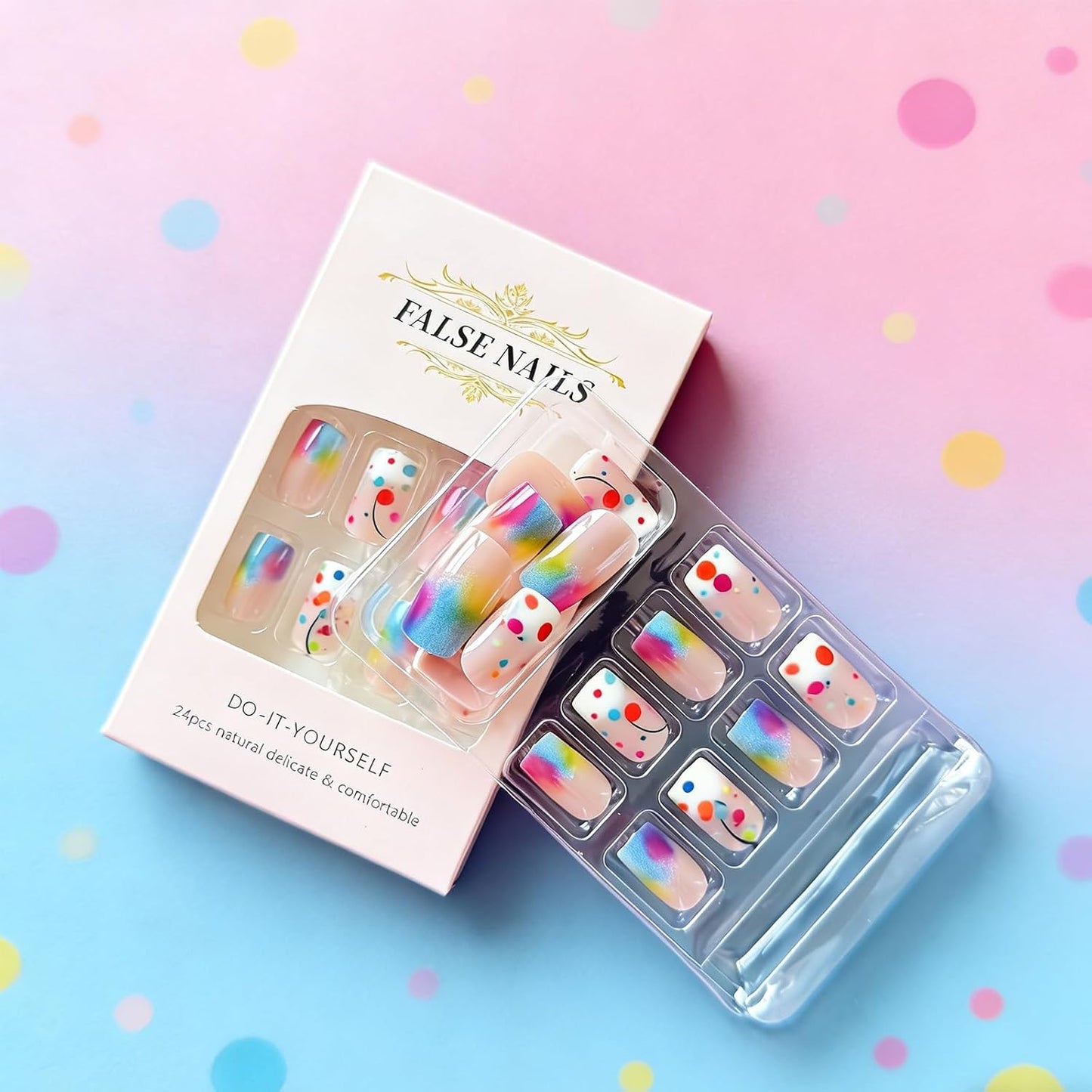 Ombre Press-On Nails - Medium Square Acrylic Nails with Colorful Polka Dots | 24 Pcs Full Cover Set for Summer Manicure
