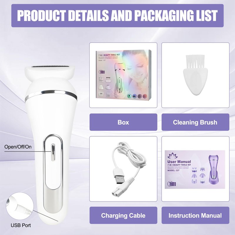 3.0 Women Face Epilator, 7-in-1 Rechargeable Facial Hair Remover with LED Battery Display, Facial Shaver for Face, Eyebrow, Nose Trimmer (White)