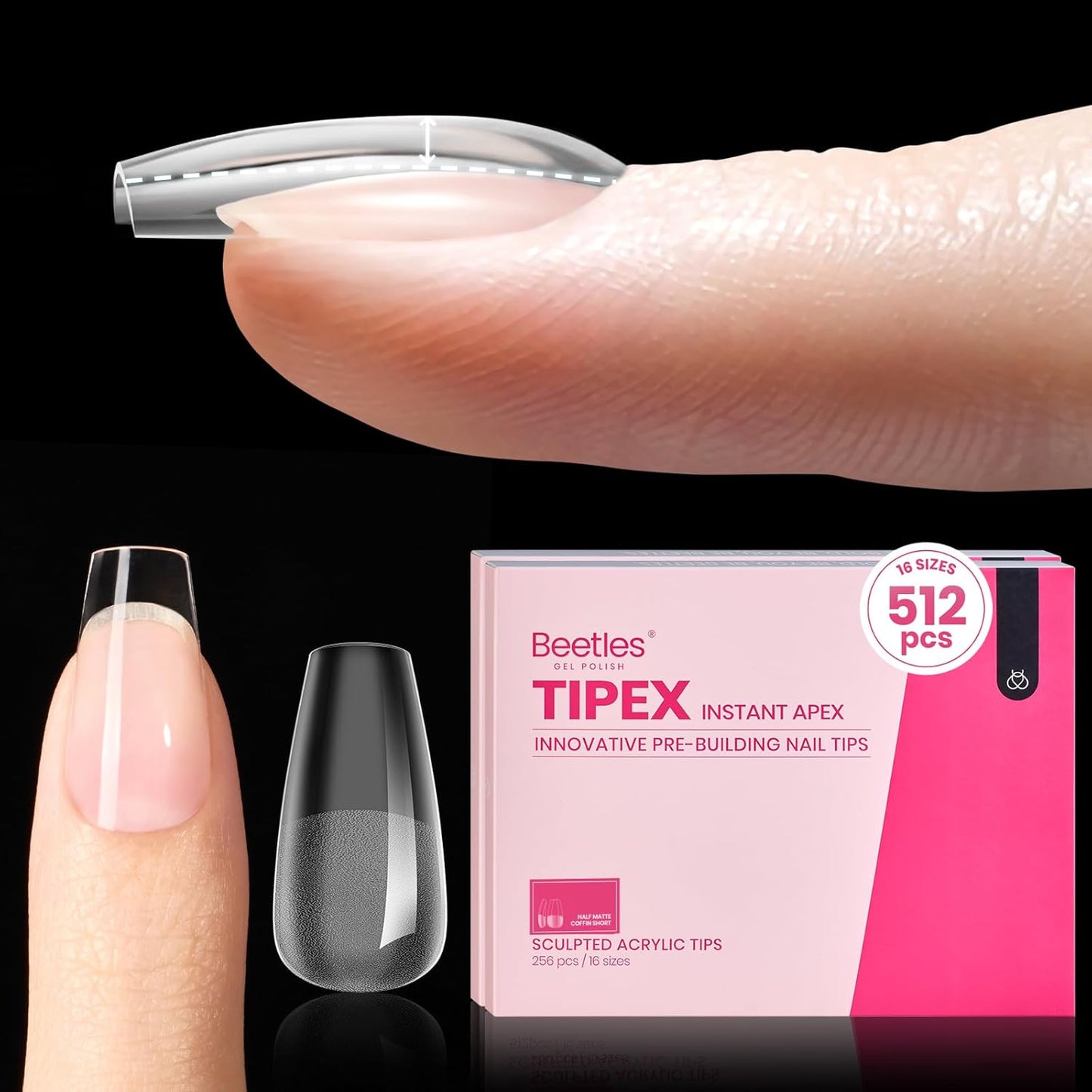 Beetles Instant Apex Nail Tips - Short Square, 192pcs in 16 Sizes 00–14 | Thicker Strong Acrylic for DIY Extensions