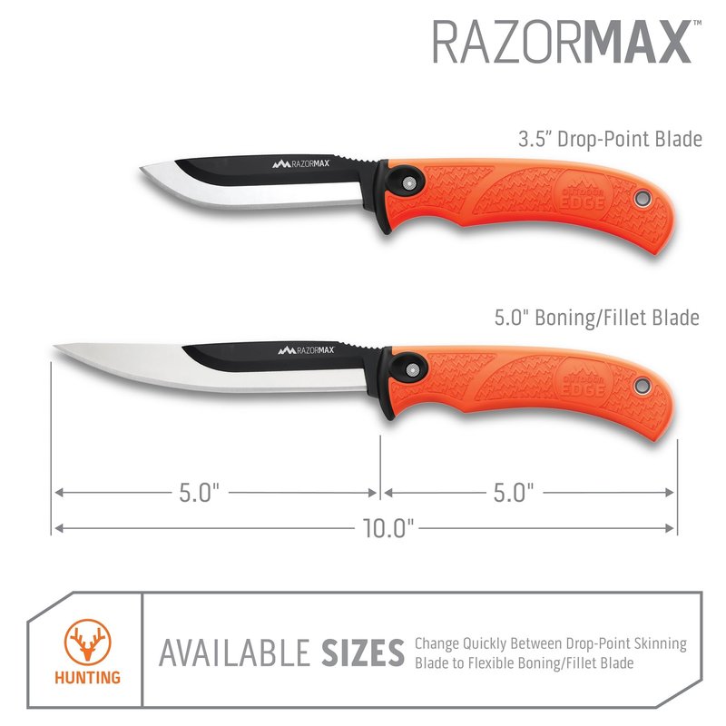 OUTDOOR EDGE RazorMax - Replaceable Fixed Blade Hunting Knife with 3.5" Drop-Point, 5" Boning/Fillet Blades, Belt Sheath and Detachable Blade Carrier (Orange, 6 Blades)