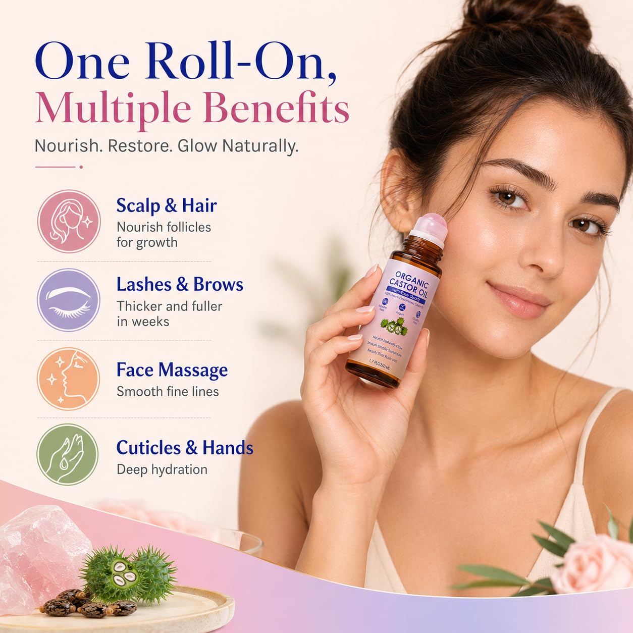 Organic Castor Oil with Rose Quartz Roller - 100% Pure Cold-Pressed, Hexane-Free | 1.7oz Amber Glass Bottle for Skin Care