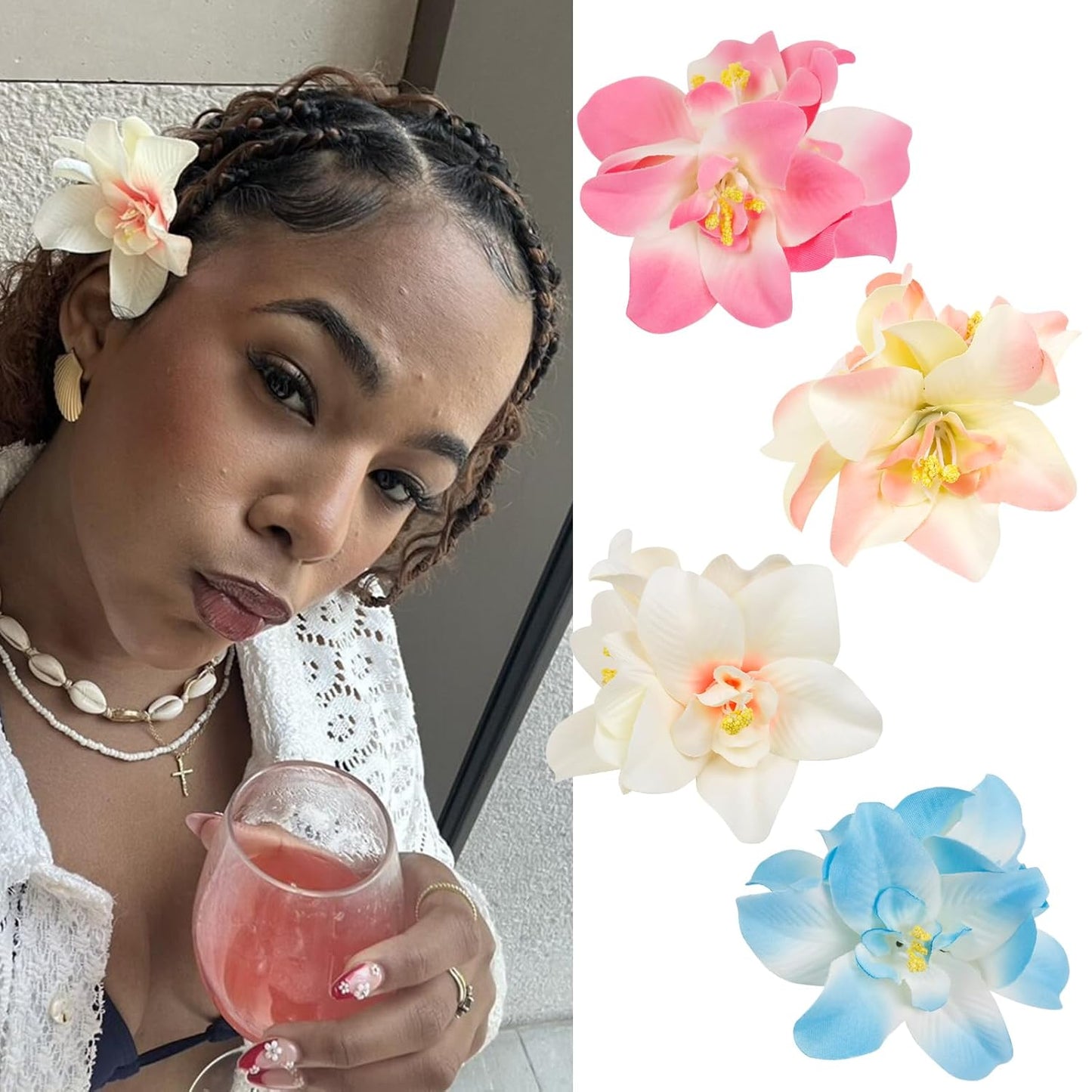 Hawaiian Flower Hair Clips - 4 Pcs Tropical Hibiscus Claw Clips for Women | 3.5 Inches, Boho Beach Accessories