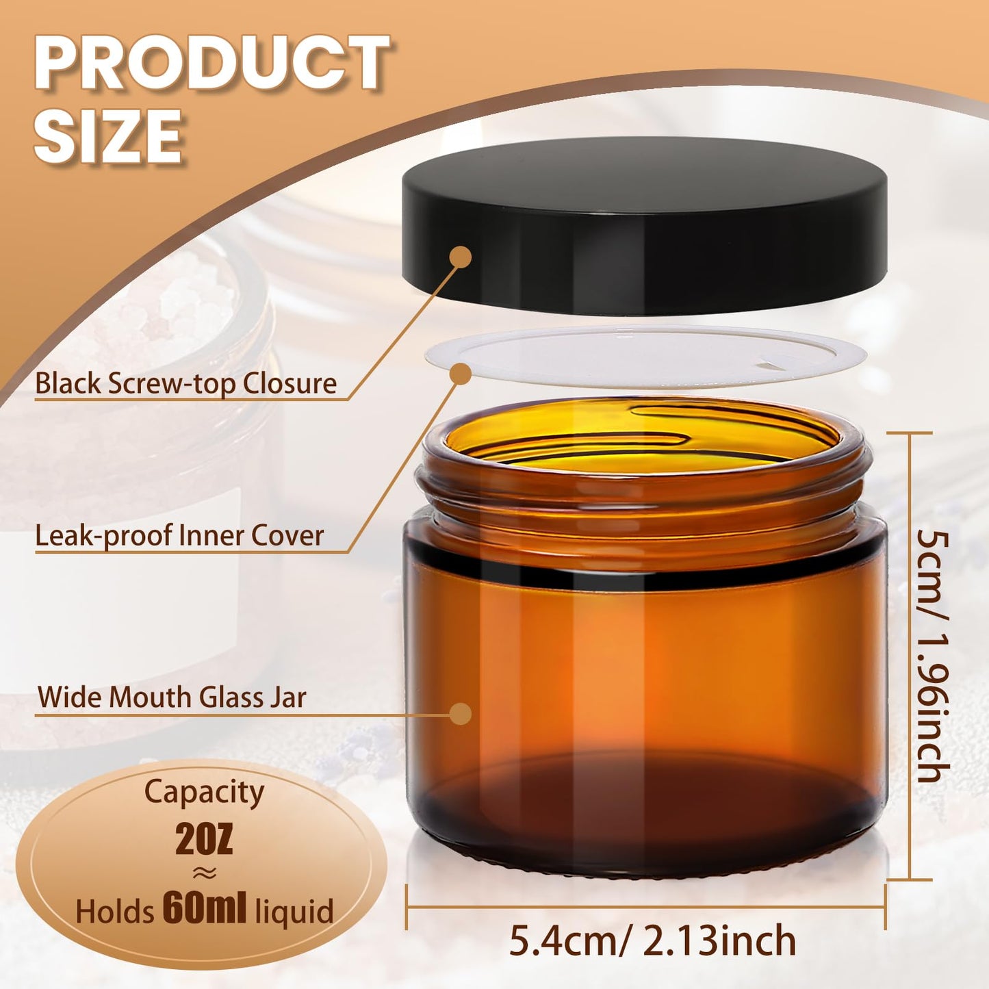 UPBUD Amber 2oz Glass Jars with Lids - 24 Pack Brown Small Cosmetic Containers with Stickers & 2 Spoons, Wide-Round Smooth Mouth, Sealable for Creams, Lotions, Body Butter, Travel Samples