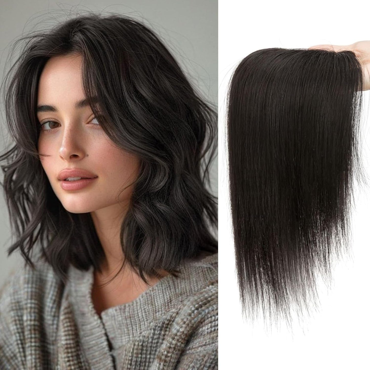 Dark Brown Human Hair Toppers for Women - 360° 3D Clip-In Short Hairpieces | 12 Inch