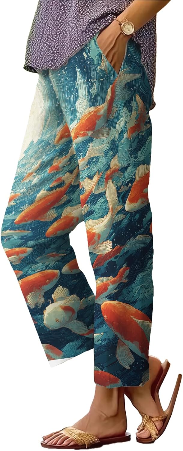 Womens Plus Size Floral Boho Capris - Elastic Waist Beach Trousers | Casual Summer Pants