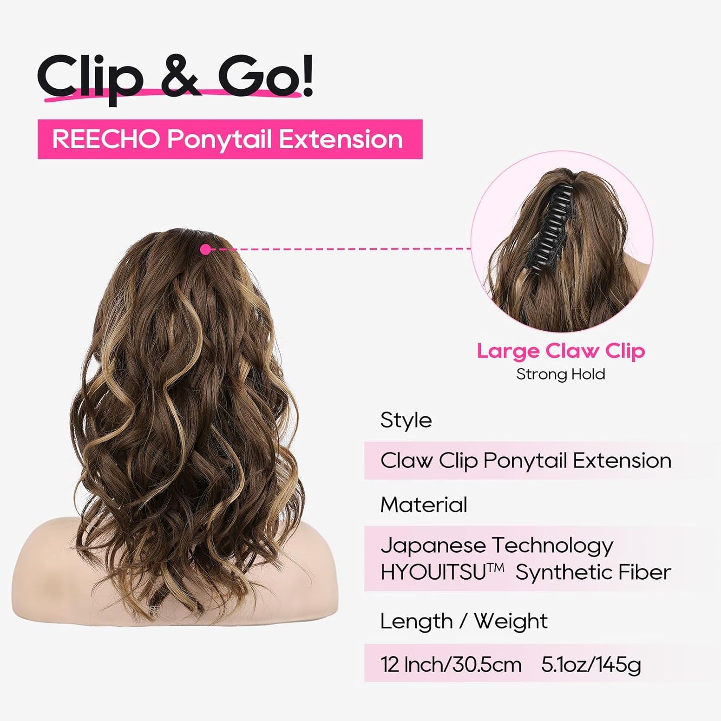 REECHO Ponytail Extension - 12" Claw Clip Short Hair Extension | Natural Synthetic Hairpiece in Chocolate Brown with Highlights