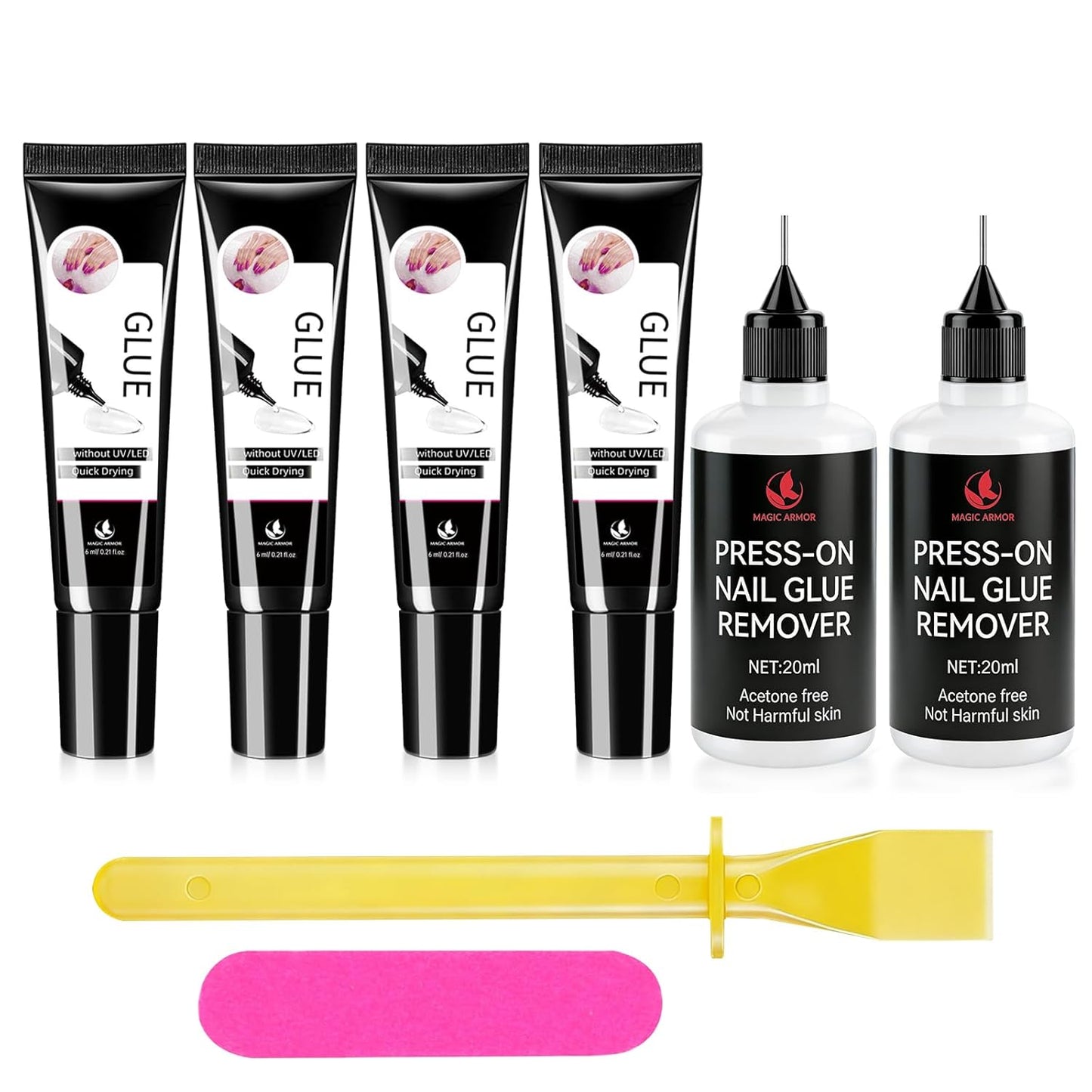 Nail Glue for Press-On Nails - Quick Drying Semi-Solid Gel with Remover & Tool | 4 x 6g Tubes