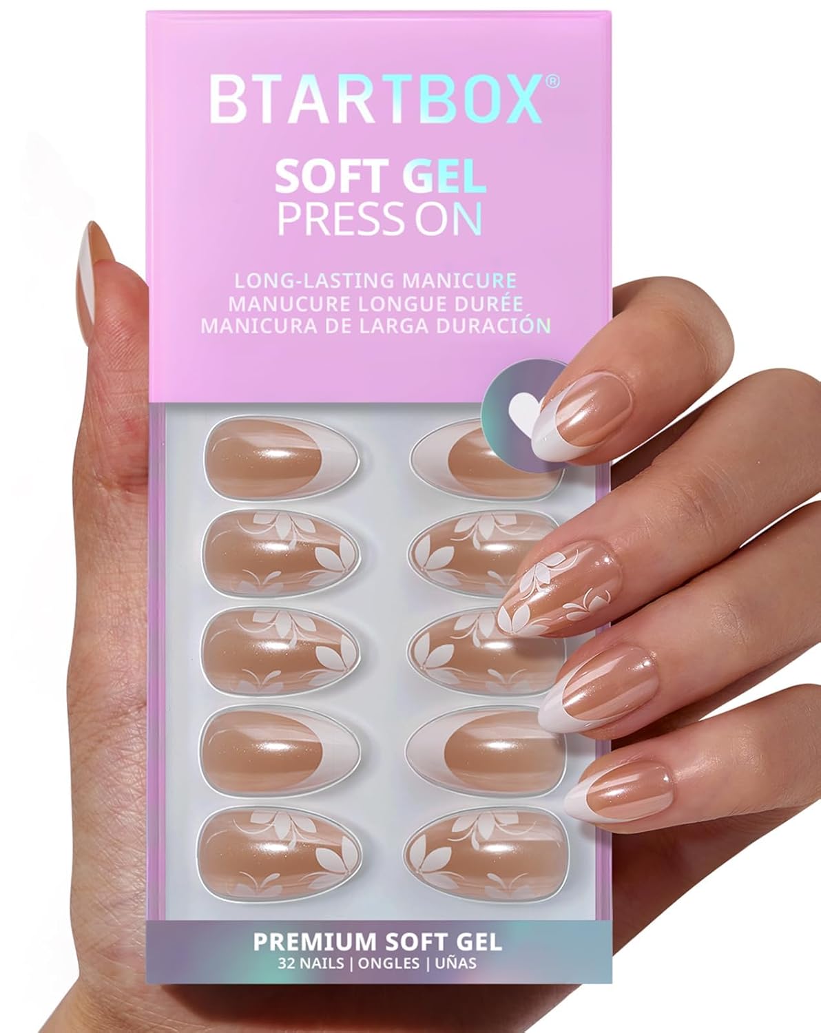 French Tip Press On Nails - Easy-to-Apply White Flower Almond Design | 32 Nails in 16 Sizes with Glue & Adhesive Tabs