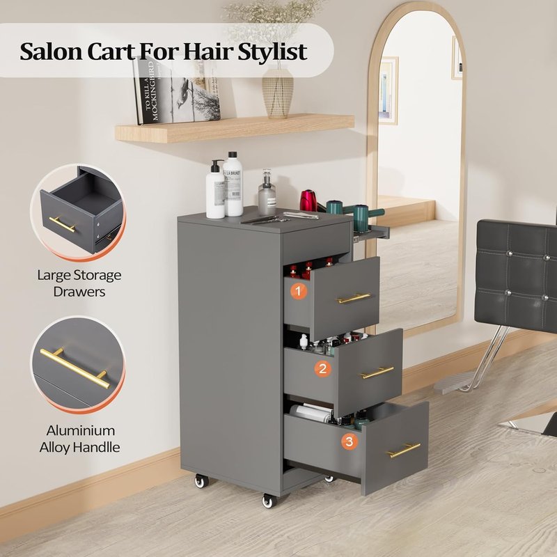 Salon Trolley Cart - Mobile Hairdressing Storage Station with 3 Drawers & Tool Holders | Grey Wood Finish