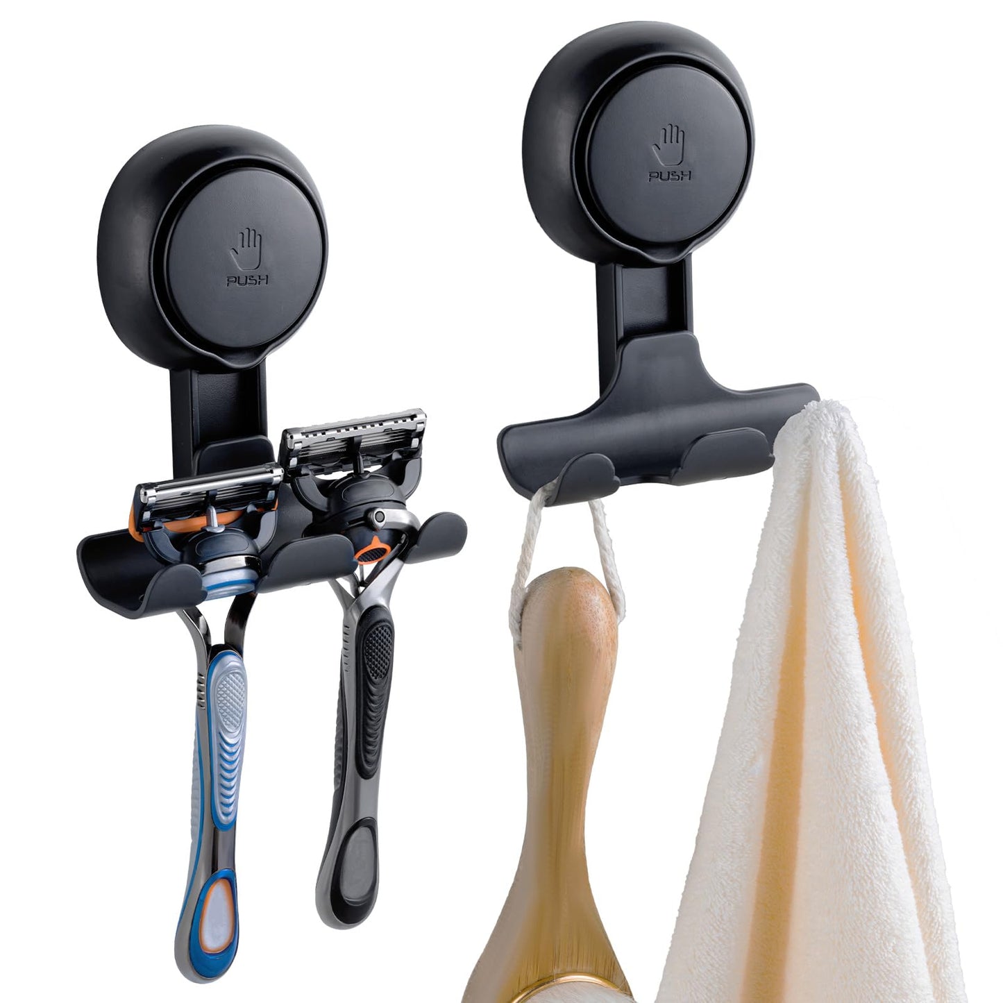 TAILI Suction Cup Razor Holder for Shower 2 Pack, Towel, Loofah, Shaver Holder for Shower Wall, Powerful Suction Cup Hooks for Inside Bathroom, Easy to Install and Reuse, Black