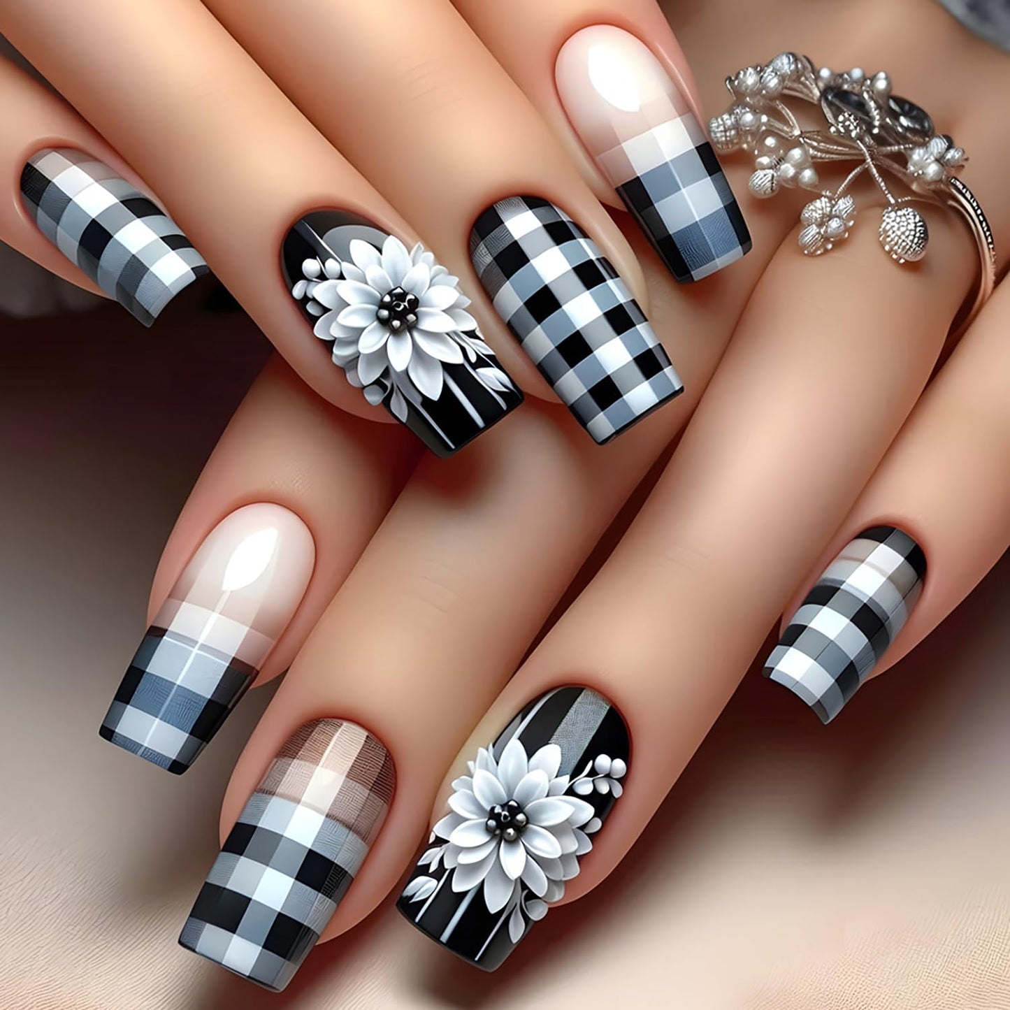 Mushroom Press-On Nails - Medium Flower Fantasy Design | Glossy Full Cover Ballet Shaped Fake Nails for Women