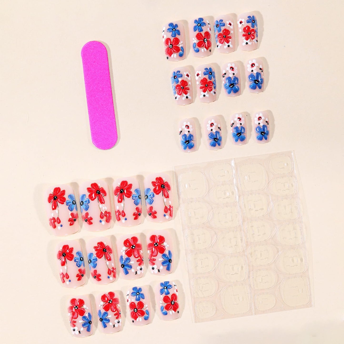 4th of July Press on Nails Medium Square Fake Nails with Red White Blue Flower Designs Glossy Acrylic Nails Press ons, 24Pcs Patriotic Independence Day Stick on Nails for Women Manicure