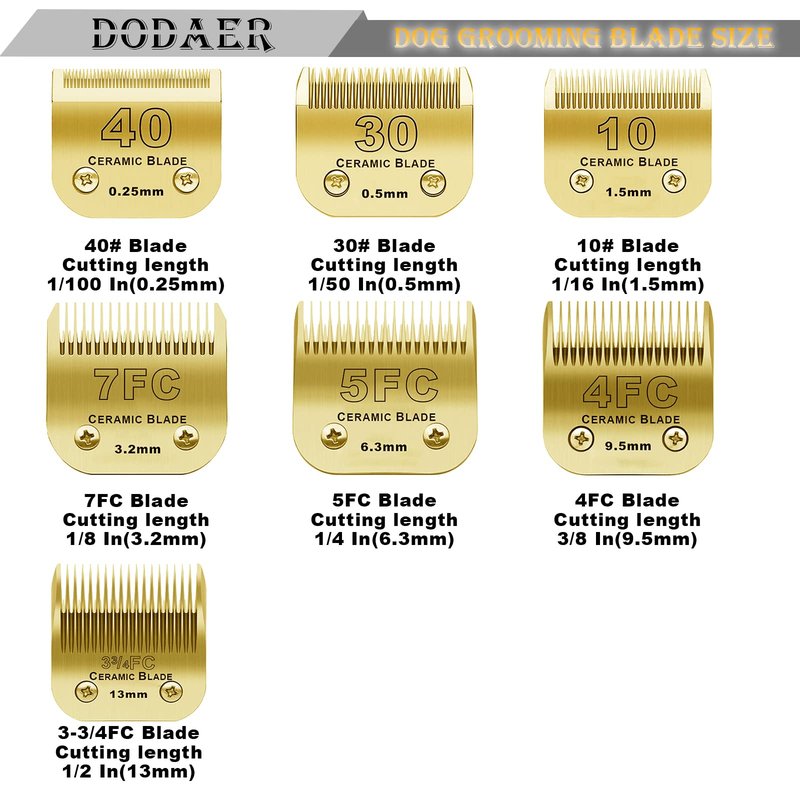 7 Pack Detachable Pet Dog Grooming Clipper Ceramic Blades Set,Compatible with Andis,Oster A5,Wahl KM10 Series Clippers,Gold (10+30+40+7FC+5FC+4FC+3FC)