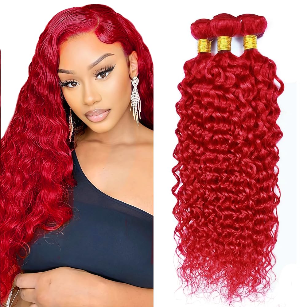 28 30 32 inch Red Human Hair Bundles Mixed Length Brazilian Virgin GveoXvo Red Water Wave Bundle Hair Extensions