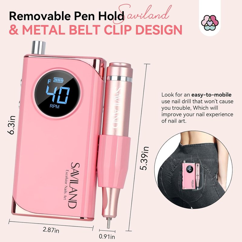 SAVILAND Professional Nail Drill - 40000RPM Rechargeable Electric Filer Kit with 6000mAh Battery for Acrylic Nails | Pink