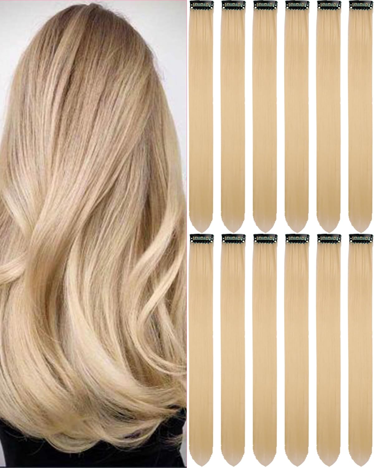 Clip-In Black Hair Extensions - 22 Inch Long Synthetic Hairpieces for Women | Party Highlights