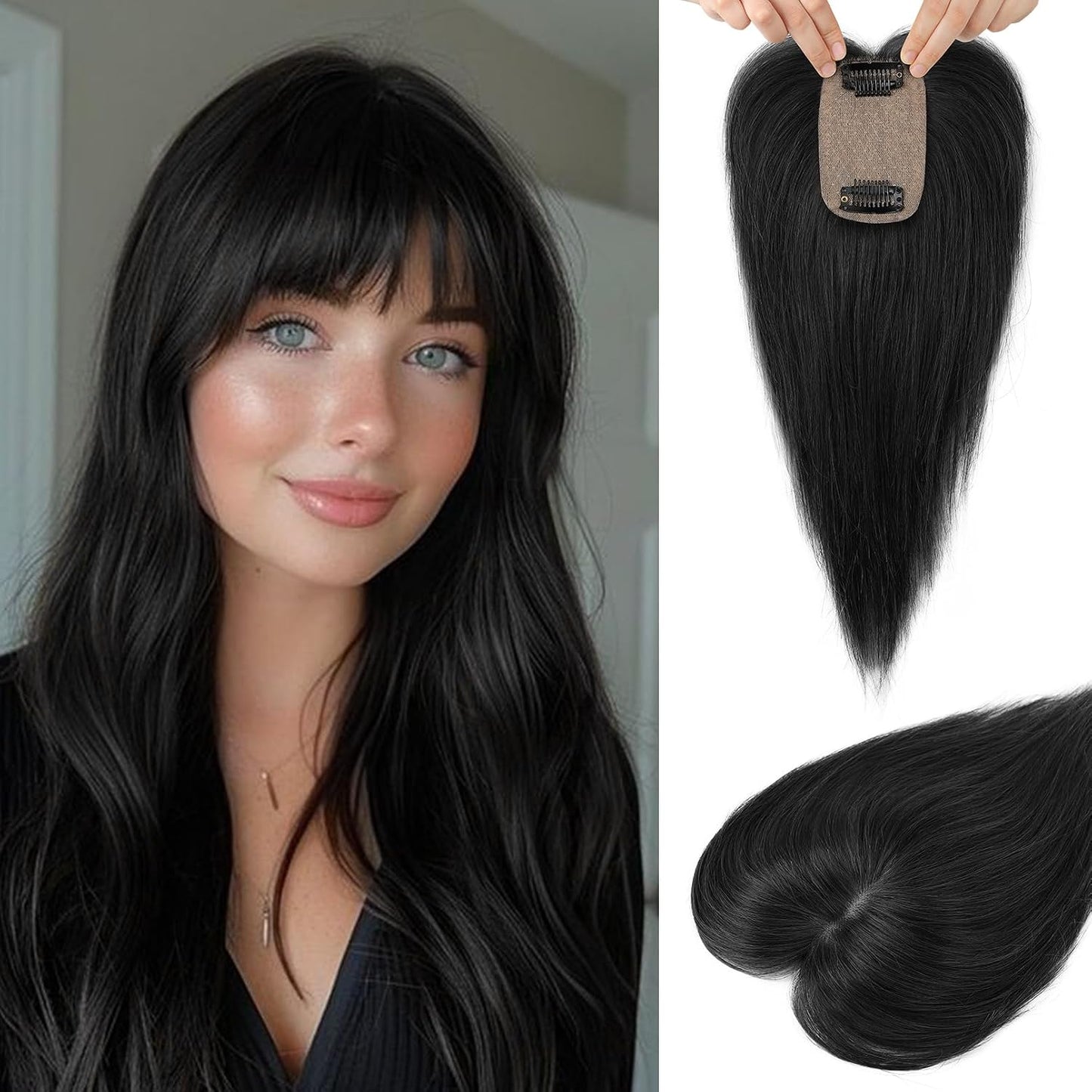 Real Human Hair Toppers for Women - 10 Inch Clip-In Bangs | 150% Density Silk Base - Medium Brown with Blonde Highlights