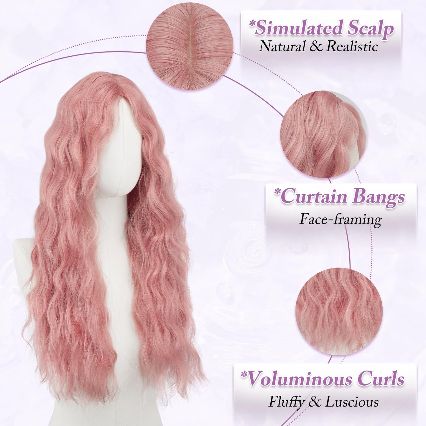 Haloo Pink Wigs with Curtain Bangs - 26 Inch Long Wavy Curly Middle Part Soft Natural Looking Synthetic Hair Wig for Women Daily Party Cosplay Costume Use