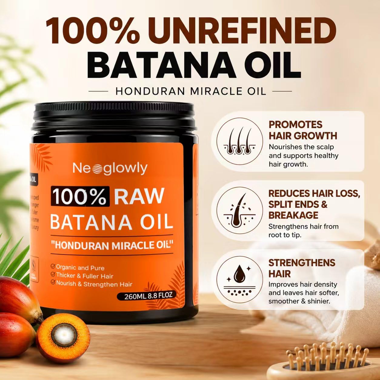 Batana Oil for Hair Growth 8.8oz, 100% Pure & Unrefined Batana Oil from Honduras, Cold Pressed Hair Treatment Oil for Thicker Fuller Stronger Hair, Deep Scalp Moisturizer for Men & Women