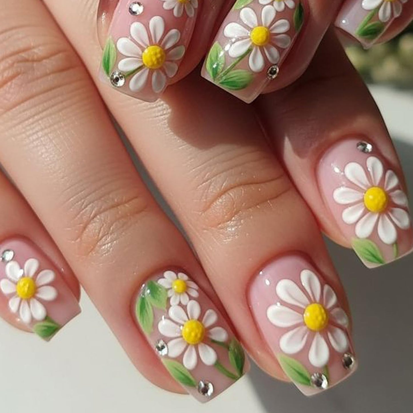 Summer Press-On Nails - Short Square Fake Nails with Sunset Coconut Trees Design | 24 Pcs Glossy Blue French Tips, Reusable Manicure