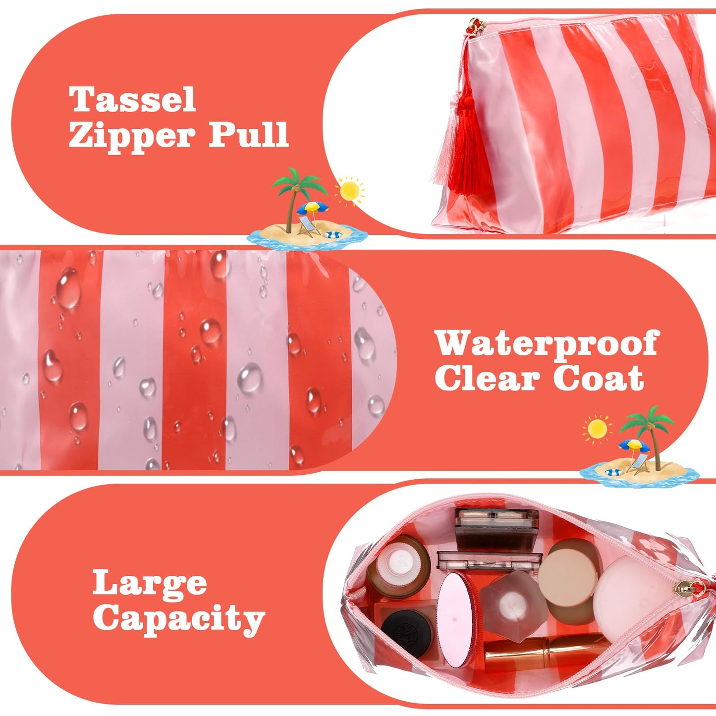 Yykazqe Striped Makeup Bag, PVC Waterproof Cosmetic Bag for Purse, Orange Travel Cosmetic Bags for Women