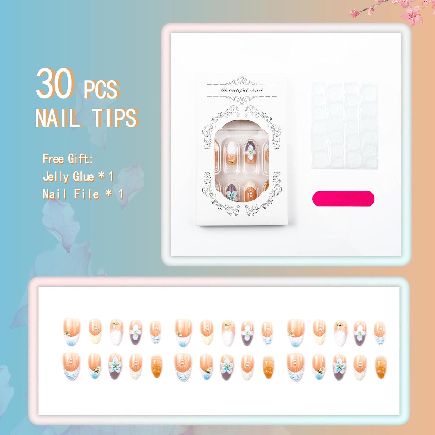Press On Nails - Short Almond French Tip with Blue 3D Flowers | Glossy Acrylic Beach Designs for Women