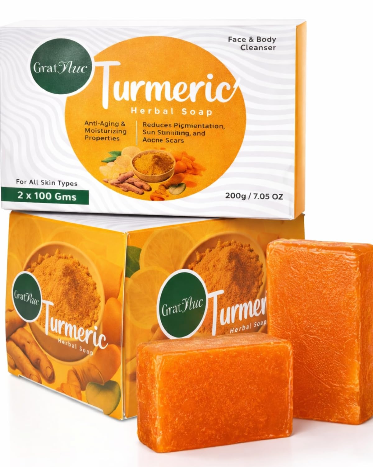 GratiHive Turmeric Soap for Dark Spots with Lemon, Papaya & Rice Extracts - Turmeric Soap Bar for Advanced Daily Cleansing - Helps reduce tan, pigmentation & blemishes - (100g x 2-Pack)