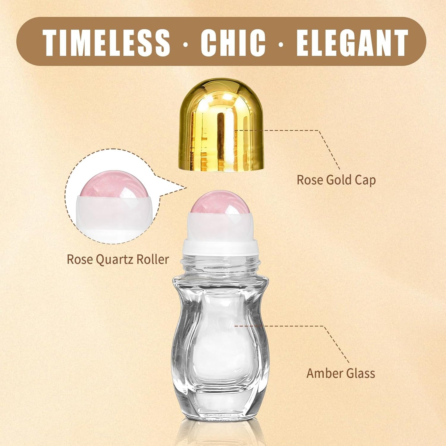 Rose Quartz Roller Bottles - 50ml Refillable Clear Glass with Natural Crystal Rollers | Leak-Proof Travel Perfume Container