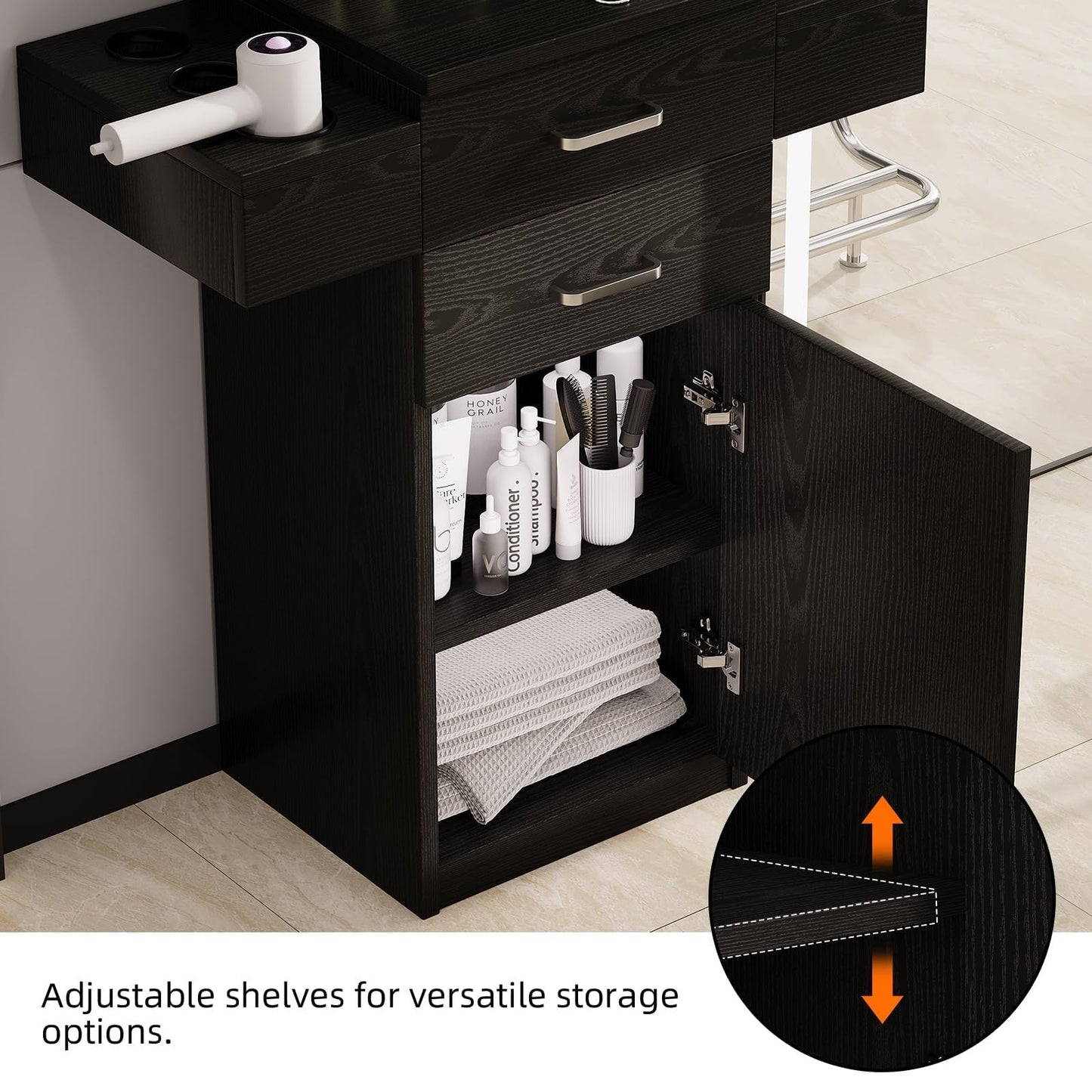 4ever2buy Salon Station for Hair Stylist, Black Barber Station Hair Salon Station, Hair Station Equipment Hair Dryer Holder, Black