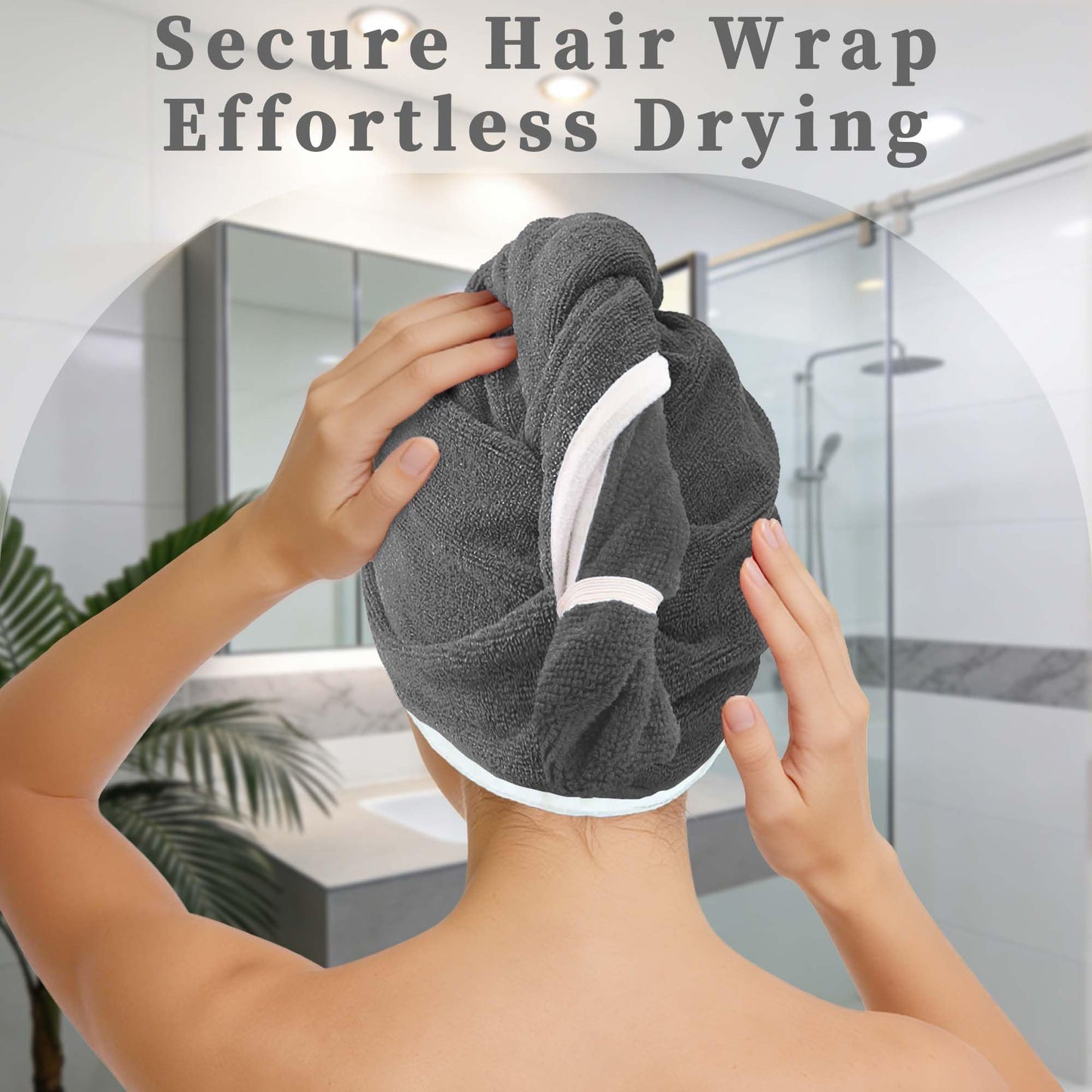 VOOVA & MOVAS Dark Gray Microfiber Hair Towel, 2-Pack Button-Free Elastic Loop Hair Turban, Ultra Soft Quick Dry Hair Wrap, Highly Absorbent Anti Frizz Towel
