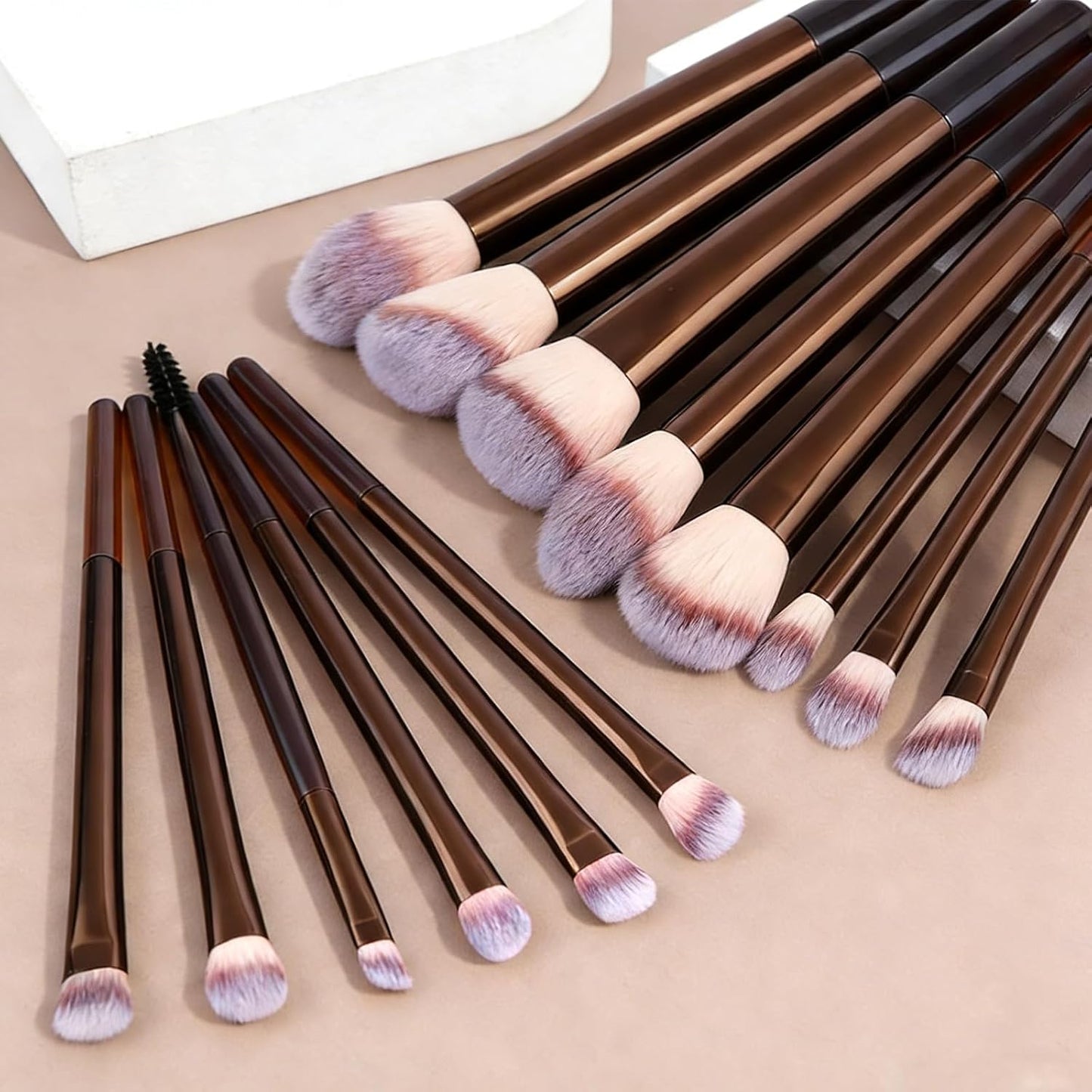 17-Piece Makeup Brush Set - Synthetic Bristles, Aluminum Ferrule | Brown for Beginners & Professionals