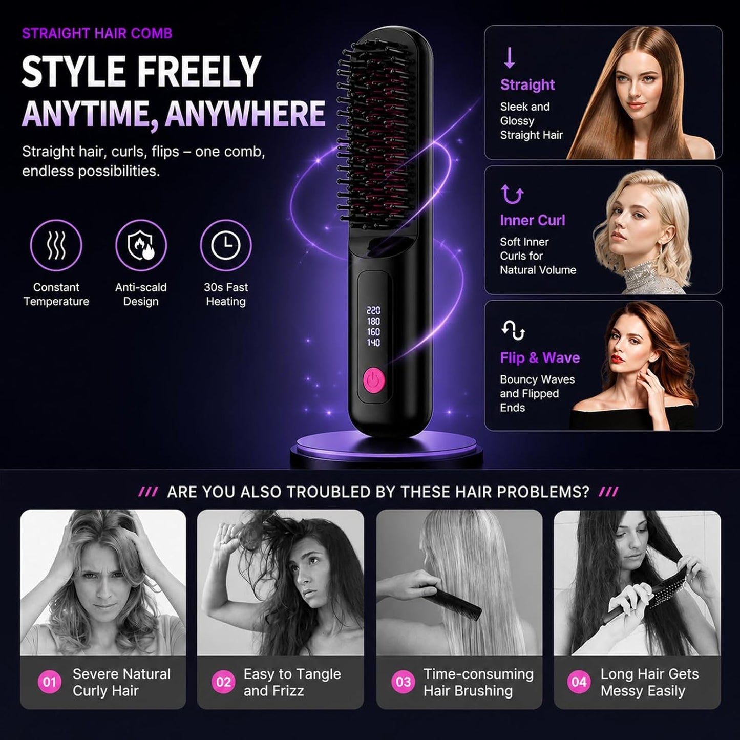 Cordless Hair Straightener Brush - 80 Million Anti-Frizz Ions, 4 Temp Settings | Portable Travel Styling Tool