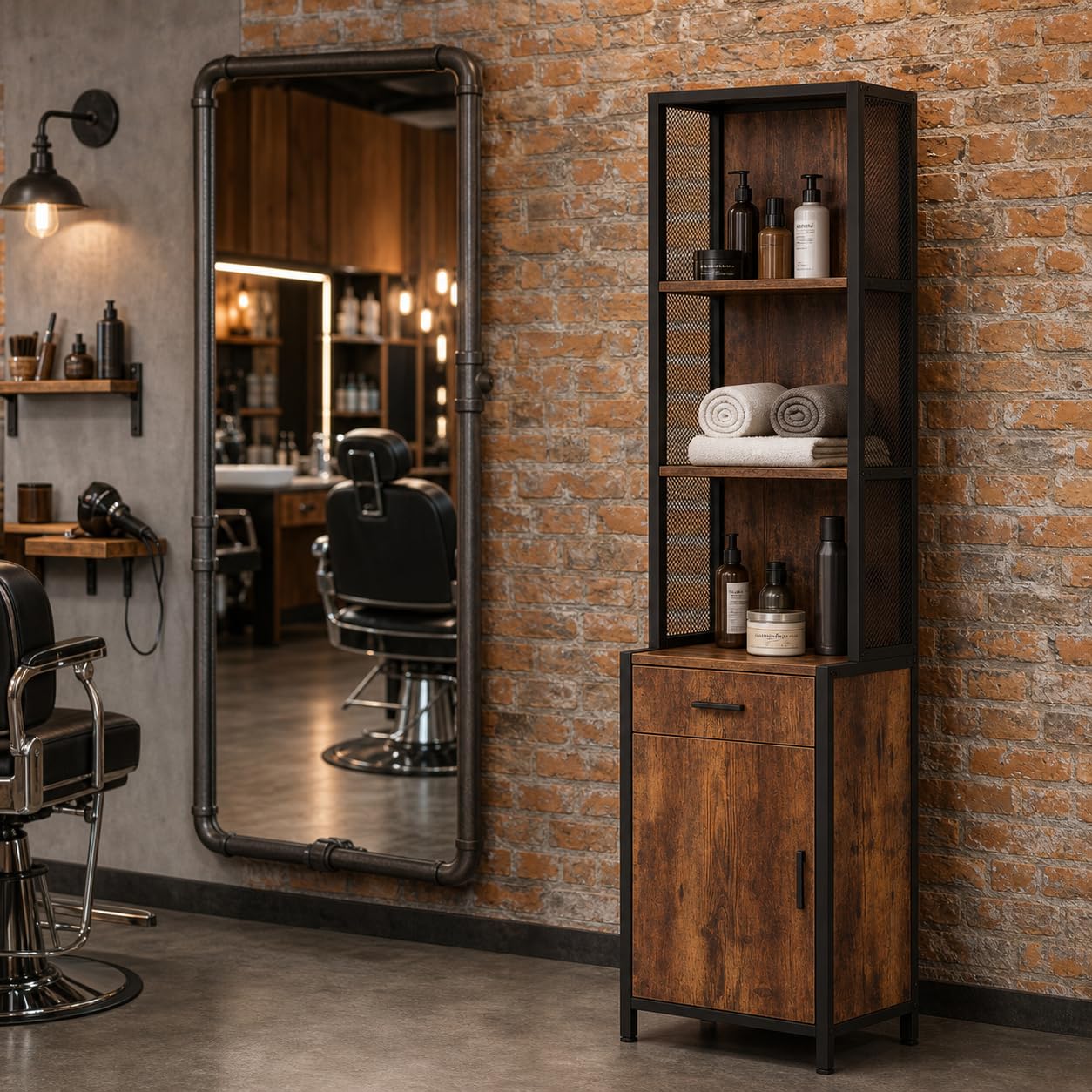 RESHABLE Industrial Salon Station with 3-Tier Storage Shelf, Cabinets and Storage for Hair Stylist, Beauty Spa Equipment, Rustic Brown