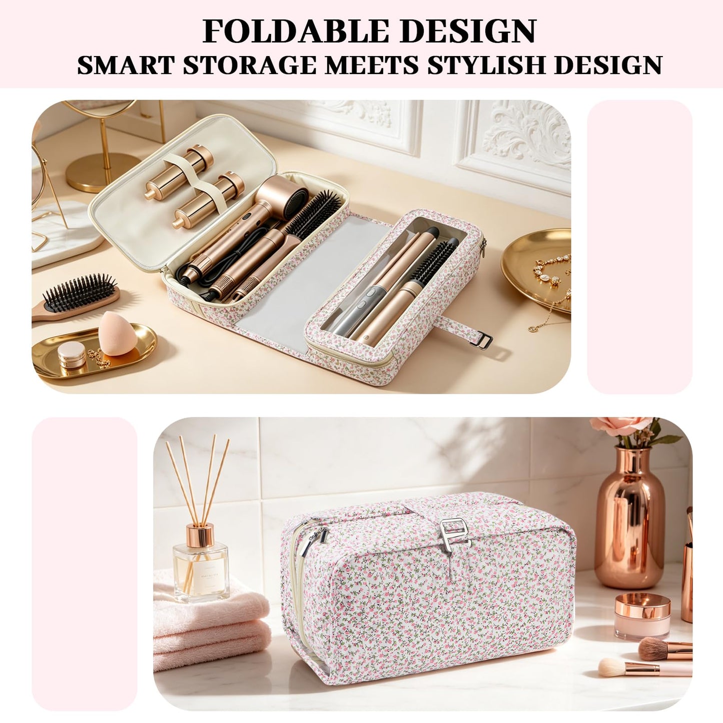 Hair Tools Travel Bag with Heat Resistant Mat Compatible with Shark Flexstyle, Cute Cotton Quilted Floral Hair Tools Travel Bag for Straightener, Curling Iron and Hair Dryer, Portable Organizer (Pink)