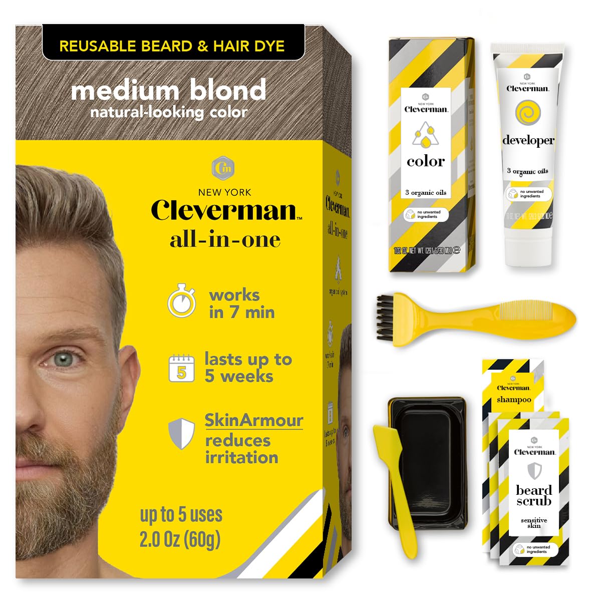 Reusable Hair & Beard Dye for Men - Medium Brown | Natural Gray Coverage, No-Drip Cream, Up to 5 Uses