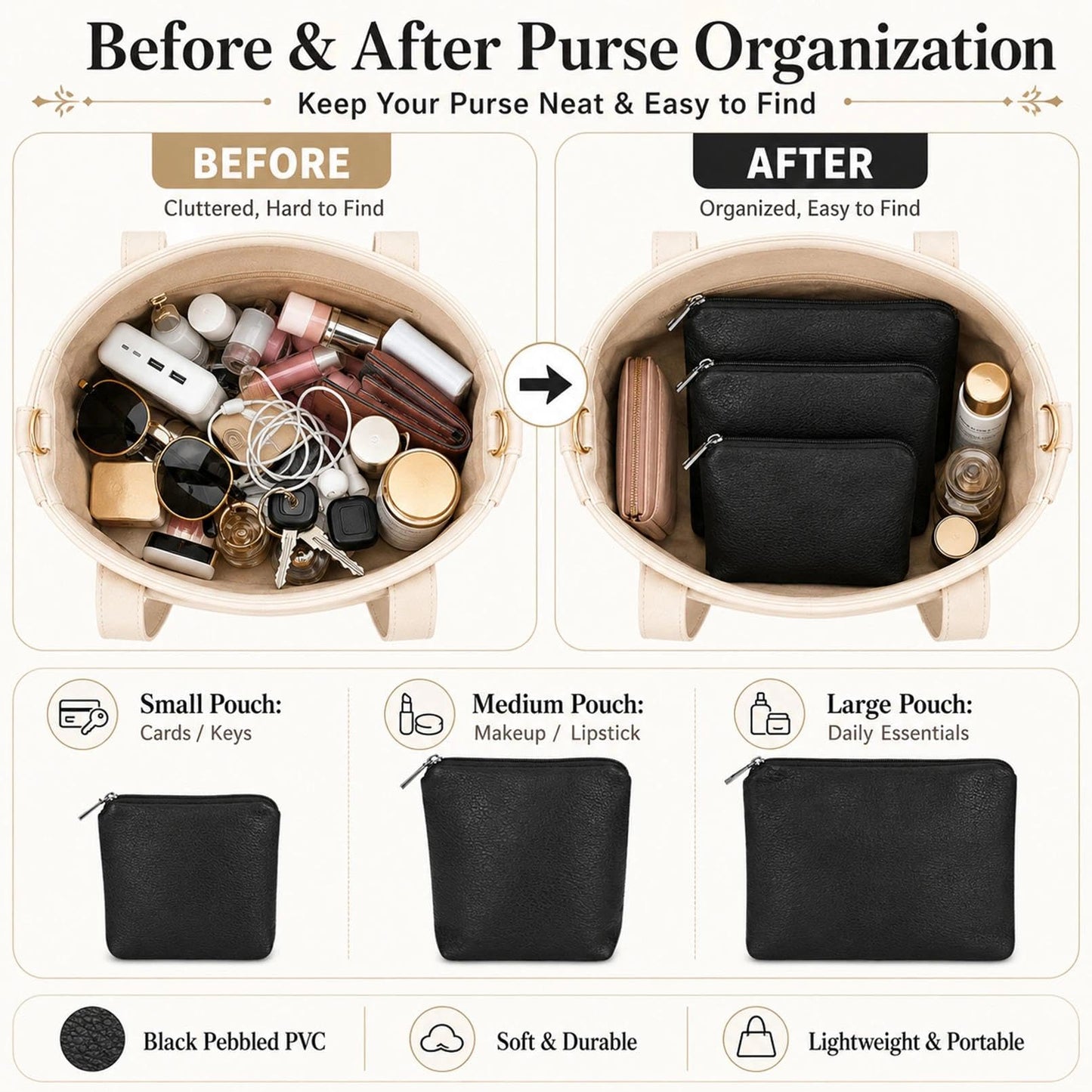 BBORGDC Small Cosmetic Bag Set of 3 for Purse, Black PVC Cosmetic Pouches, 3 Sizes Zipper Organizer for Travel & Toiletries, Gift for Her Birthday, Wife & Mom