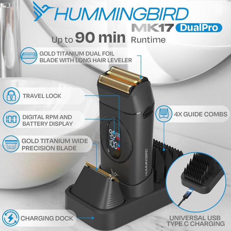 HUMMINGBIRD MK17 DualPro Foil Shaver & Beard Trimmer for Men – Gold Titanium Blades, Turbo Shaving & Torque Control, Metal Body, Digital Battery & RPM Display, Wet/Dry, USB-C & Wireless Charging Dock