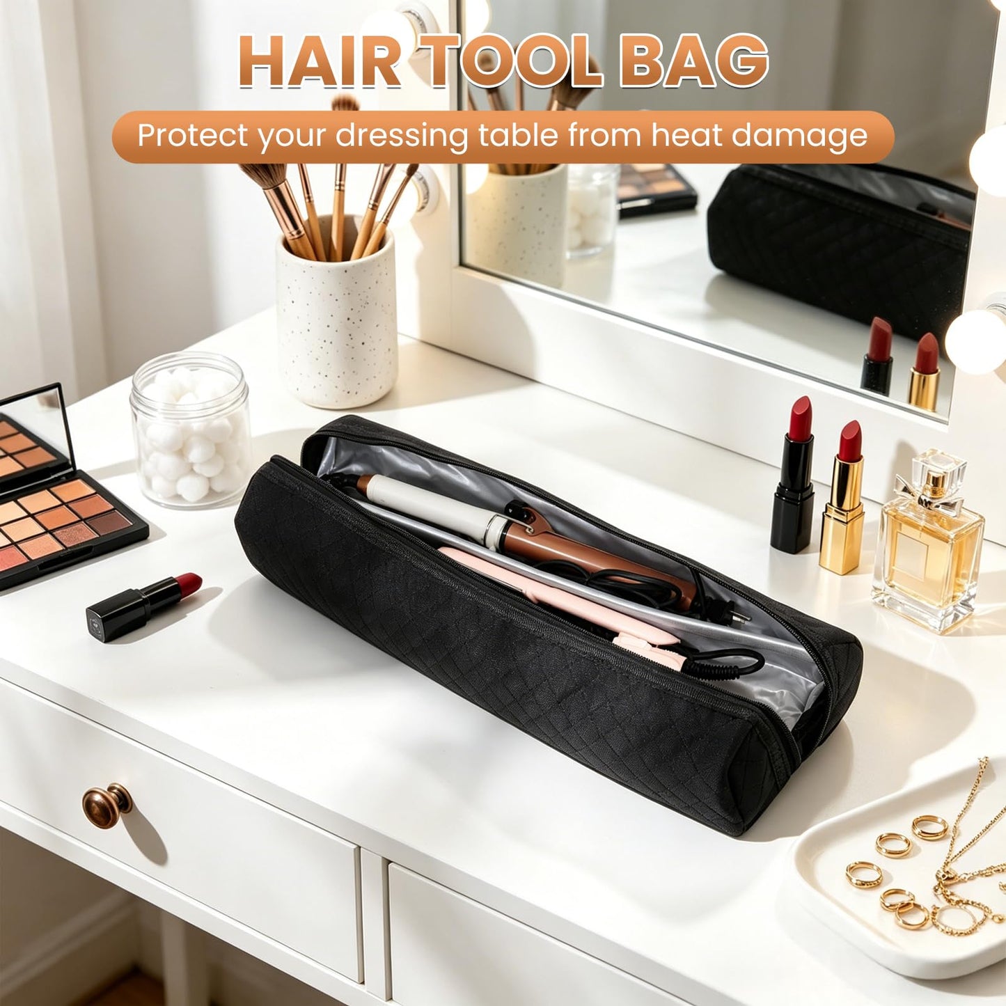 ASTONFOG Hot Hair Tools Organizer Bag, Heat Resistant Travel Hair Tools Storage Bag for Curling Irons, Flat Irons, Hair Dryer, Hair Straighteners and Styling Tools(Black, 17.7" x 3.9" x 3.9")