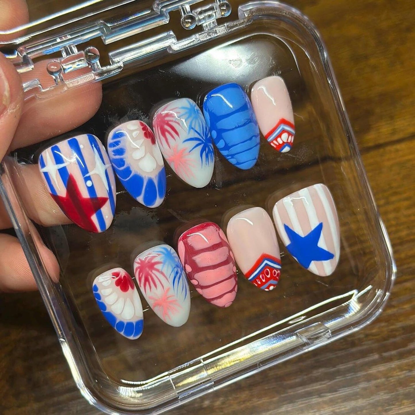 Press On Nails - 24Pcs Medium Almond French Tip with American Flag | Patriotic Y2K Design for Independence Day