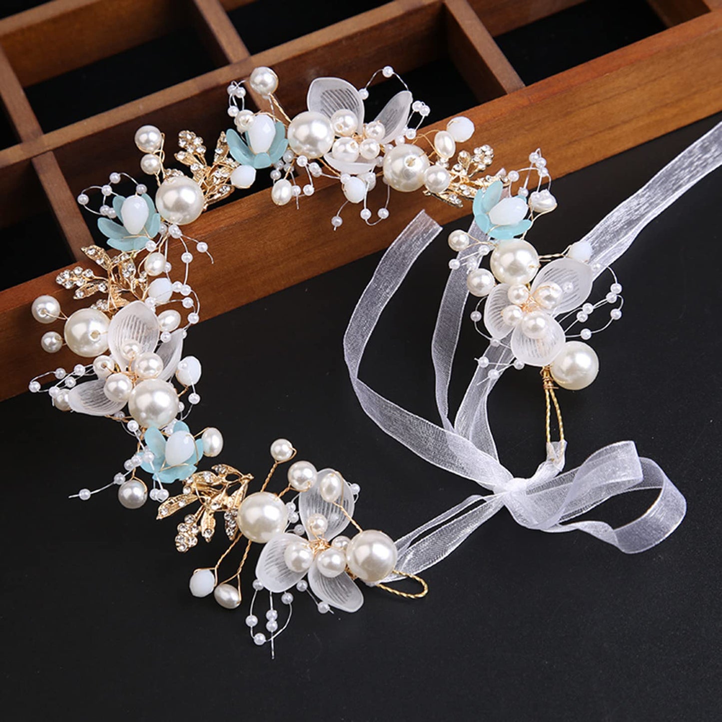 KAYZON Flower Girl Headpiece - Princess Pearl Headband for Wedding and Special Occasions, White Floral Bridal Hairband for Girls and Women